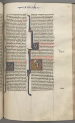 Fol. 317r, Baruch, historisk initial H, Baruch sittande vid ett skrivbord och skriver på en rulle, ca. 1275-1300.