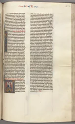 Fol. 353r, Joel, historisk initial V, Joel sittande med en rulla, byst av Gud ovanför, ca. 1275-1300.