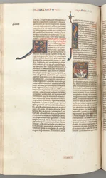 Fol. 357v, Jonah, historisk initial E, Jonas uppslukt av valen, en muromgärdad stad ovanför, ca. 1275-