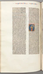 Fol. 361v, Habbakuk, historisk initial O, Habbakuk håller en korg och två stenar..., ca. 1275-130