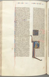 Fol. 440v, Korinthierbrevet I, historisk initial P, Paulus knäböjer och pratar med Guds byst ovan, ca.