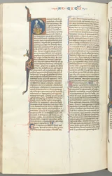 Fol. 458v, Titus, historiker initial P, Paulus sittande med ett svärd, ca. 1275-1300.