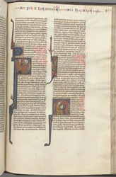 Fol. 459r, Filemon, historisk initial P, Paulus tilltalar tre män och hebréer..., ca. 1275-1300.
