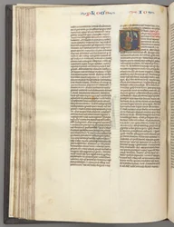 Fol. 76v, Joshua, historisk initial E, Joshua med en bokrulle på knä inför Gud, ca. 1275-1300.