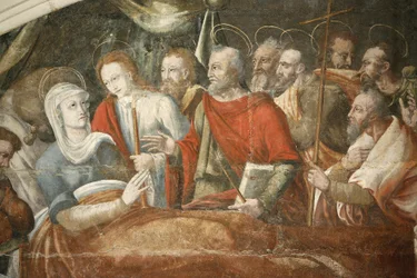 Fontevrault (Fontevraud) klostrets kapitelhusmålning: Marias död målad av Thomas Pot (detalj) omkring 1563, Fontevraud, Frankrike
