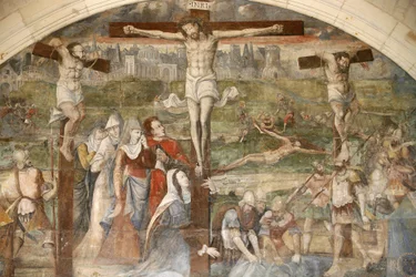 Fontevrault (Fontevraud) klostrets kapitelhusmålning: uppståndelsen målad av Thomas Pot omkring 1563, Fontevraud, Frankrike