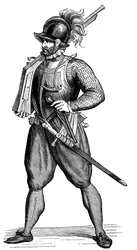 Fotsoldat som bär en harquebus, 1590