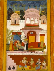 Övergiven dam med pigor, som illustrerar det musikaliska läget Patamanjari Ragini, 1695-1700