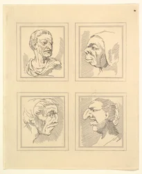 Fyra huvuden från Characaturas av Leonardo da Vinci, från teckningar av Wincelslaus Hollar, o..., 1786.