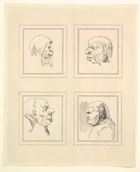 Fyra huvuden från Characaturas av Leonardo da Vinci, från teckningar av Wincelslaus Hollar, o..., 1786.