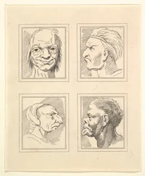 Fyra huvuden från Characaturas av Leonardo da Vinci, från teckningar av Wincelslaus Hollar, o..., 1786.