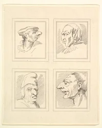 Fyra huvuden från Characaturas av Leonardo da Vinci, från teckningar av Wincelslaus Hollar, o..., 1786.