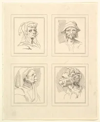 Fyra huvuden från Characaturas av Leonardo da Vinci, från teckningar av Wincelslaus Hollar, o..., 1786.