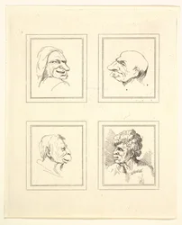 Fyra huvuden från Characaturas av Leonardo da Vinci, från teckningar av Wincelslaus Hollar, o..., 1786.