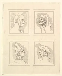 Fyra huvuden från Characaturas av Leonardo da Vinci, från teckningar av Wincelslaus Hollar, o..., 1786.