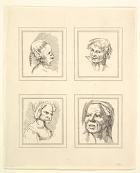 Fyra huvuden från Characaturas av Leonardo da Vinci, från teckningar av Wincelslaus Hollar, o..., 1786.