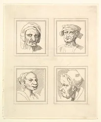 Fyra huvuden från Characaturas av Leonardo da Vinci, från teckningar av Wincelslaus Hollar, o..., 1786.