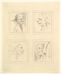 Fyra huvuden från Characaturas av Leonardo da Vinci, från teckningar av Wincelslaus Hollar, o..., 1786.