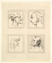 Fyra huvuden från Characaturas av Leonardo da Vinci, från teckningar av Wincelslaus Hollar, o..., 1786.