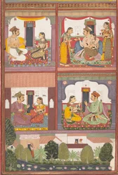 Fyra kärleksscener och ett landskap: sida från en dispersed Raskapriya, ca. 1700.