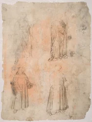 Fyra heliga recto, två heliga, sittande madonna och knästående figur a tergo, 1300-talet.