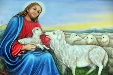 Franciskanska missionärer i Mariakyrkan. Jesus, den gode herden. Målning. Ho Chi Minh City. Vietnam