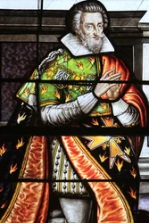 Francois de la Grange. Fönsterdetalj av målat glas av Jungfruns antagande, Bourges, Frankrike