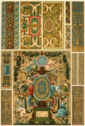 Fransk renässansväggmålning, polykrom målad skulptur, vävning och bokomslag, 1898.