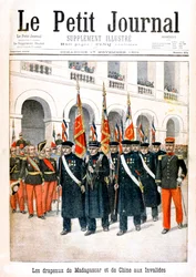 Franska krigsveteraner som bär flaggor från kampanjerna på Madagaskar och Kina, 1901