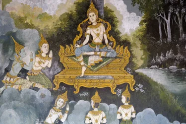 Fresk som visar en scen av Buddhas liv i Wat Phra Doi Suthep, Chiang Mai. Thailand