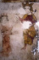 Fresk av Ferrande-tornet i Pernes-les-Fontaines (Pernes les Fontaines, Vaucluse (84)) från 1200-talet: Karl I av Anjou (1227-1285) till vilken kroppen av Manfred I av Sicilien eller Hohenstaufen (ca 1232) -1266) förs.