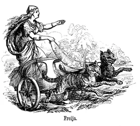 Freja Frigg, kärlekens gudinna i nordisk mytologi, kör sin vagn dragen av katter