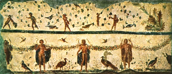 Fris i matsalen Triclinium i huset Pammachius, Rom, Italien, 1928.