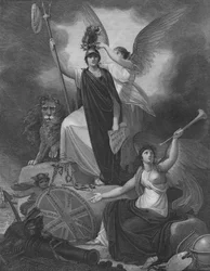 Frontispice - Britannia håller Trident of Neptunus, övervunnen av Liberty Cap och krona
