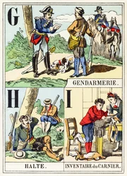 G H I: Gendarmerie, Halte, Inventaire du gamenier - The Hunting Alphabet, c.1890 (gravyr)