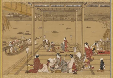 Gladhet i ett tehus vid floden, Edo-perioden, 1700-talet.
