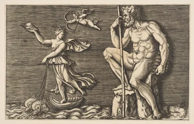 Galatea flyr Polyphemus, han sitter på en sten med en stav och rör och..., ca. 1515-1600.