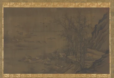 Gäss vid gryningen på en dimmig flod, 1400-talet.
