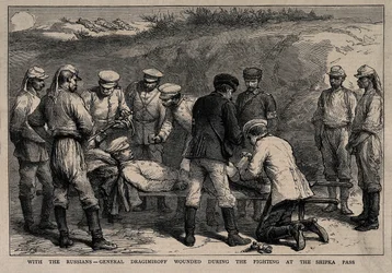 General Mikhail Dragomirov sårad under slaget vid Shipka-passet, ca 1878