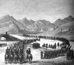 General Rosss Division korsar Logarfloden på väg för att möta Sir Donald Stewart, c1880