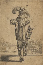 Gentleman sedd bakifrån som indikerar ett landskap, efter 1629.