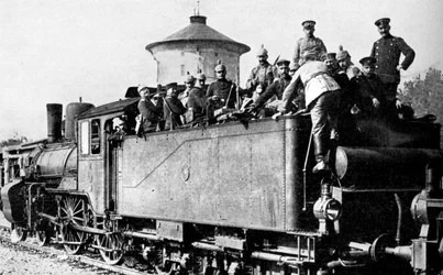 Tyska trupper som reser med tåg till östfronten, första världskriget, 1914