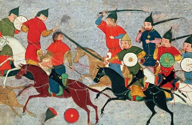 Ghenghis Khan i strid. Miniatyr från Jami al-tawarikh Universal History, ca 1430