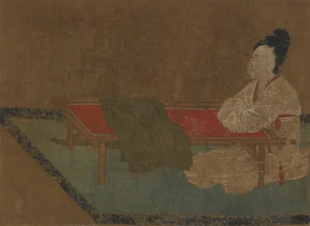 Flicka som sitter vid en broderiram, Mingdynastin, 1400-talet.