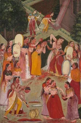 Flickor som sprayar varandra på Holi, ca. 1640-1650.