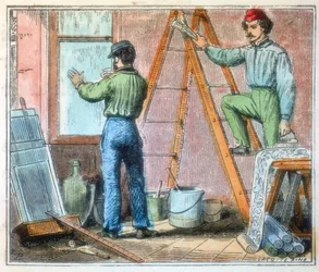 Glasmästare och tapethängare arbetar i ett hus, 1867