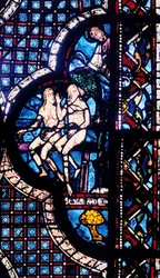 Gud konfronterar Adam och Eva, målat glas, Chartres katedral, Frankrike, 1205-1215