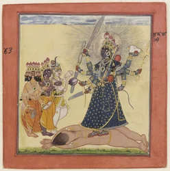 Gudinnan Bhadrakali dyrkad av gudarna från en tantrisk Devi-serie, ca. 1660