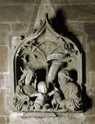 Gotisk konst: epitafium av en kanonstenskulptur av Nicholas av Leiden. 1463 Notre Dame-katedralen Strasbourg (Bas-Rhin)