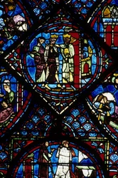Gotisk arkitektur. Histoire de Charlemagne (detalj): Karl den Store (742-814) mottagen av Konstantin I, bysantinsk kejsare. Målat glas av norra ambulatoriet, absidial. Cathedrale de Chartres.
